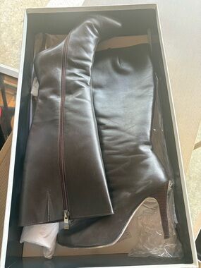 Halogen Dark Brown Leather Knee-High Heeled Boots